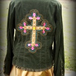 button up shirt, green cordouroy,long sleeved, applied cross on back